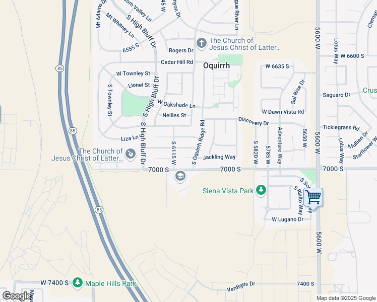 map of restaurants, bars, coffee shops, grocery stores, and more near 6057 Miners Mesa Drive in West Jordan