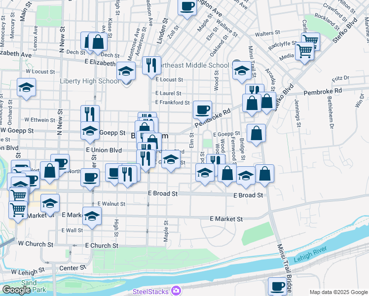 map of restaurants, bars, coffee shops, grocery stores, and more near 433 East Union Boulevard in Bethlehem