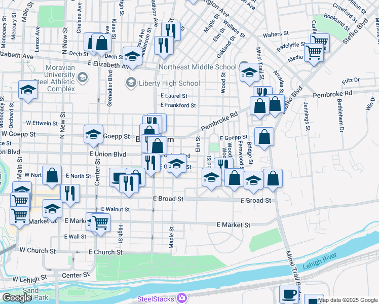 map of restaurants, bars, coffee shops, grocery stores, and more near 431 East Union Boulevard in Bethlehem