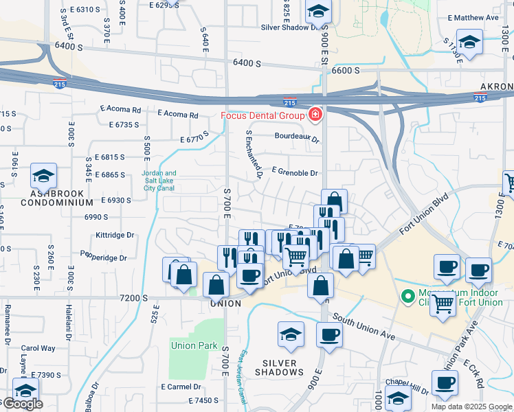 map of restaurants, bars, coffee shops, grocery stores, and more near 6936 South 775 East in Midvale