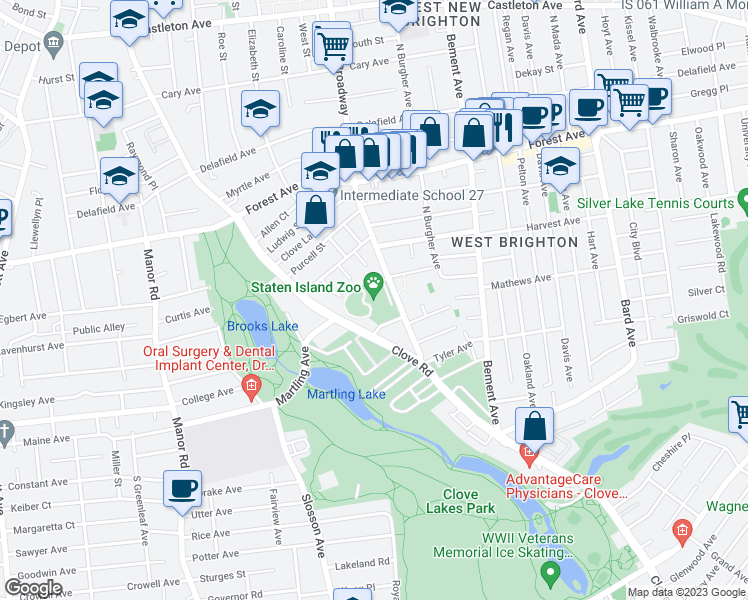 map of restaurants, bars, coffee shops, grocery stores, and more near 614 Broadway in Staten Island