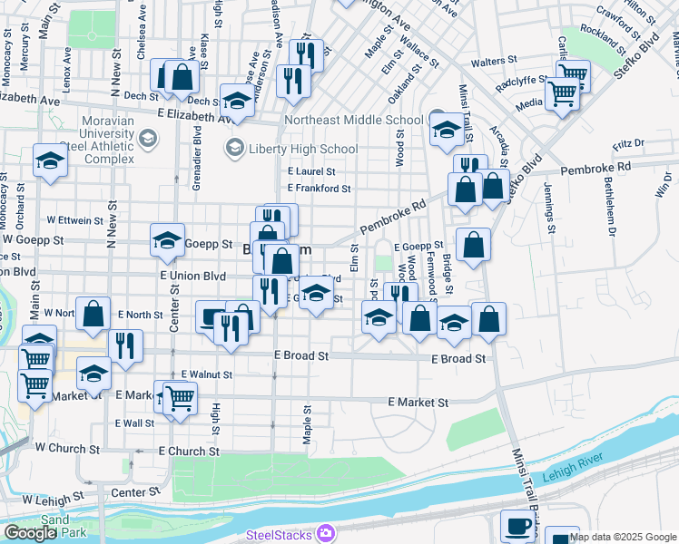 map of restaurants, bars, coffee shops, grocery stores, and more near 429 East Union Boulevard in Bethlehem