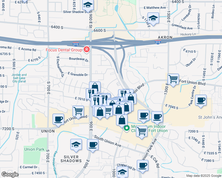 map of restaurants, bars, coffee shops, grocery stores, and more near 6945 South Well Wood Road in Midvale