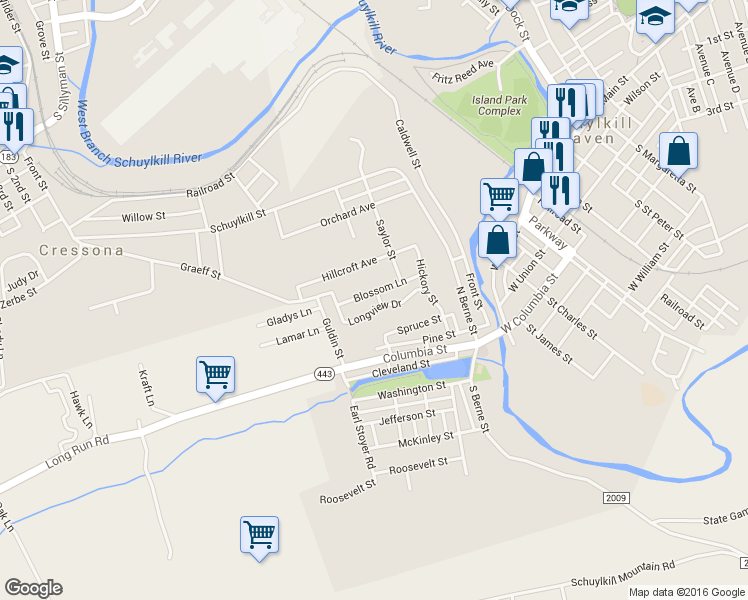 map of restaurants, bars, coffee shops, grocery stores, and more near 33 Blossom Lane in Schuylkill Haven
