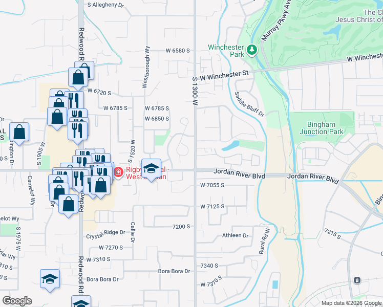 map of restaurants, bars, coffee shops, grocery stores, and more near 1326 7000 South in West Jordan