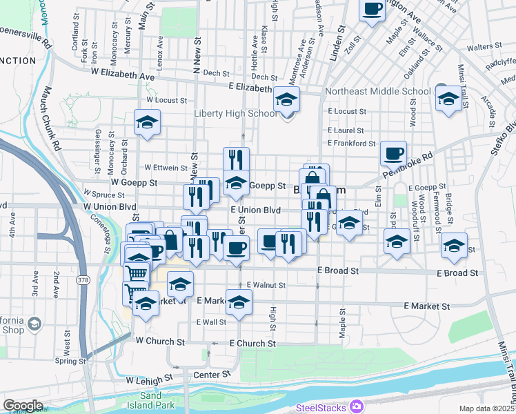 map of restaurants, bars, coffee shops, grocery stores, and more near 125 East Union Boulevard in Bethlehem