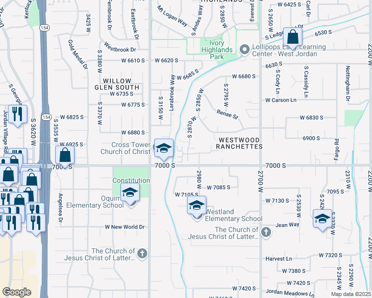 map of restaurants, bars, coffee shops, grocery stores, and more near 3041 Leisure Villas Court in West Jordan