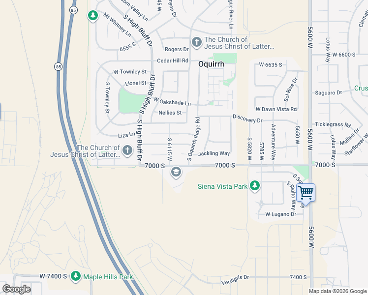 map of restaurants, bars, coffee shops, grocery stores, and more near 6057 Miners Mesa Drive in West Jordan