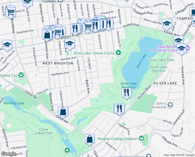 map of restaurants, bars, coffee shops, grocery stores, and more near 18 Sunset Hill Drive in Staten Island