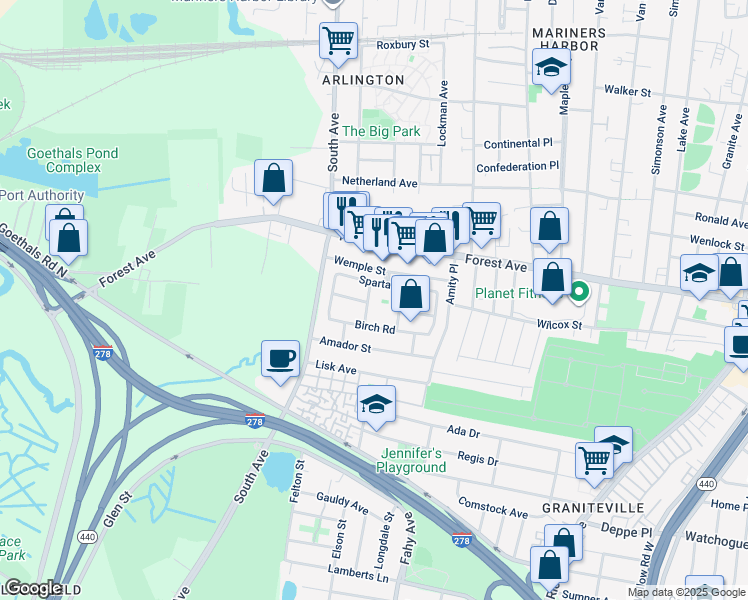 map of restaurants, bars, coffee shops, grocery stores, and more near 25 Yale Street in Staten Island