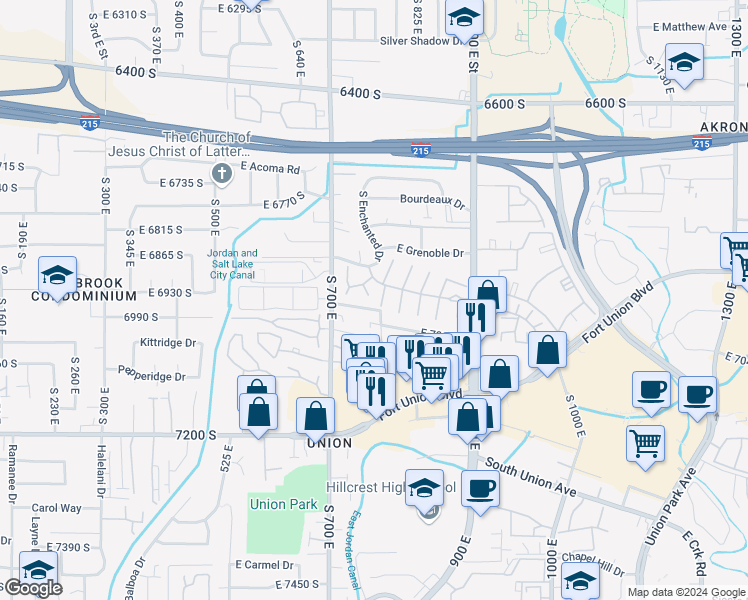 map of restaurants, bars, coffee shops, grocery stores, and more near 6936 South 775 East in Midvale