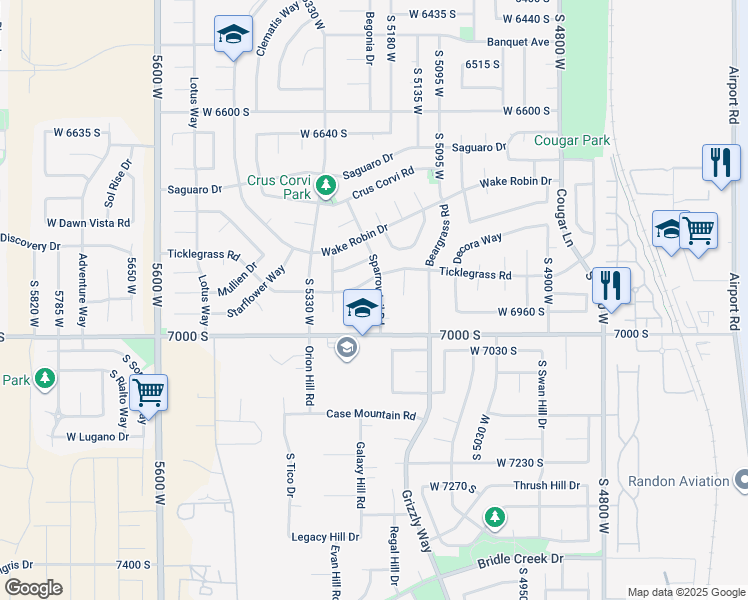 map of restaurants, bars, coffee shops, grocery stores, and more near 6934 Sparrowtail Road in West Jordan