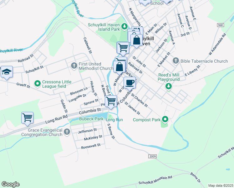 map of restaurants, bars, coffee shops, grocery stores, and more near 230 West Main Street in Schuylkill Haven