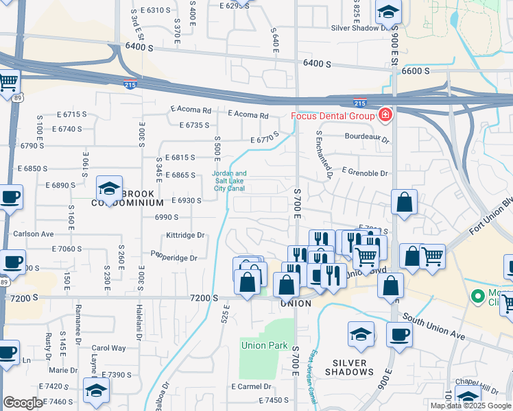 map of restaurants, bars, coffee shops, grocery stores, and more near 605 East Freeland Avenue in Midvale