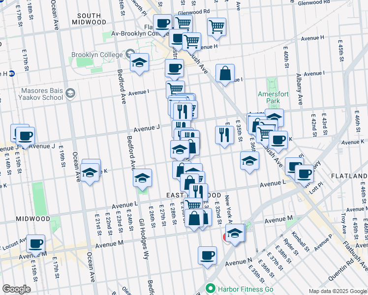 map of restaurants, bars, coffee shops, grocery stores, and more near 3001 Avenue K in Brooklyn