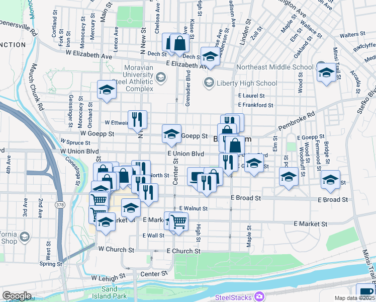 map of restaurants, bars, coffee shops, grocery stores, and more near 125 East Union Boulevard in Bethlehem