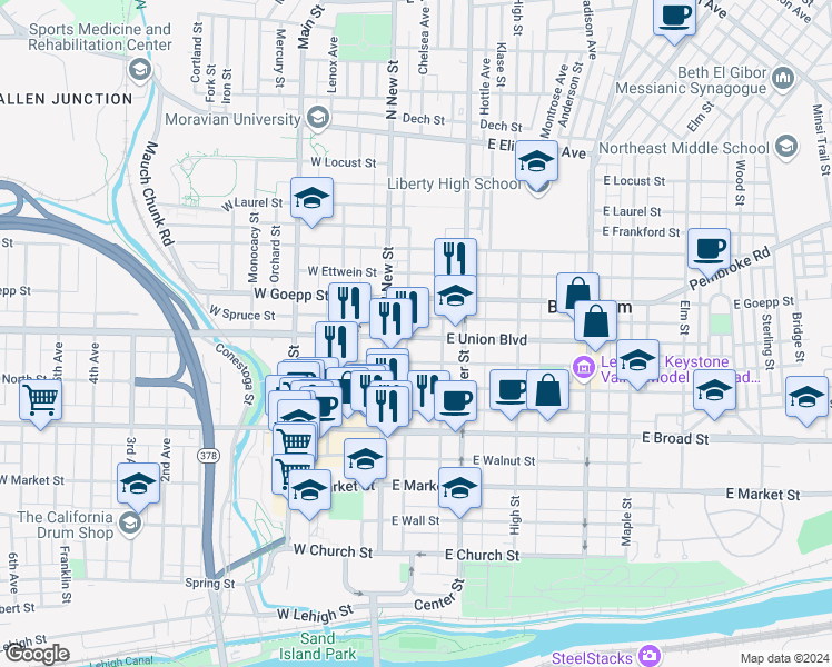 map of restaurants, bars, coffee shops, grocery stores, and more near 27 East Union Boulevard in Bethlehem
