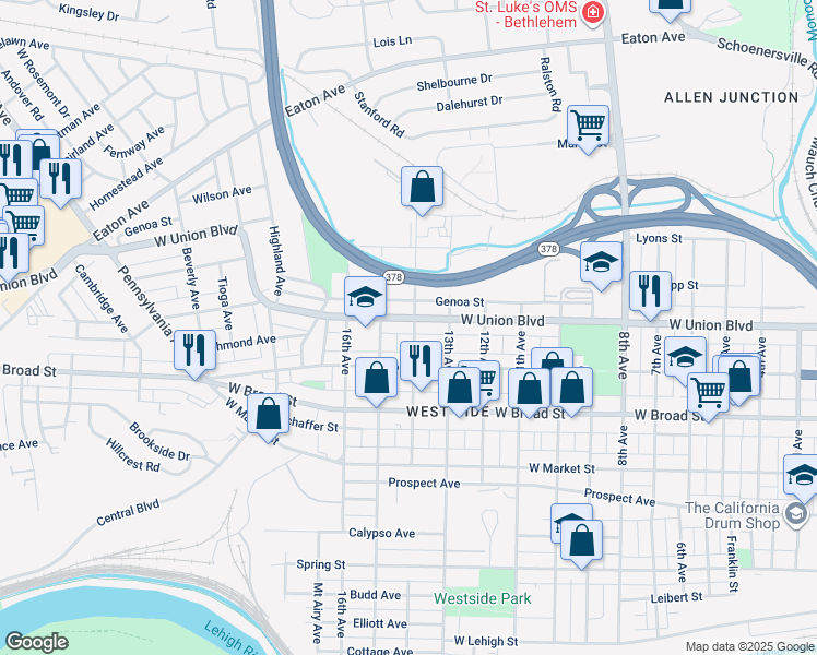 map of restaurants, bars, coffee shops, grocery stores, and more near 1501 West Union Boulevard in Bethlehem