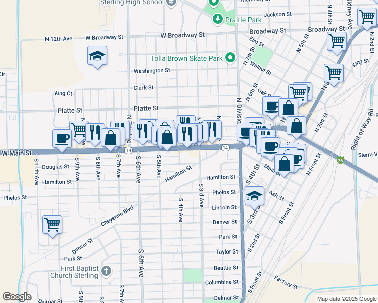 map of restaurants, bars, coffee shops, grocery stores, and more near 332 Douglas Street in Sterling