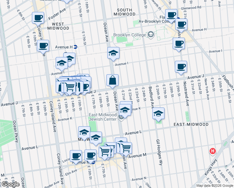 map of restaurants, bars, coffee shops, grocery stores, and more near 1535 Ocean Avenue in Brooklyn