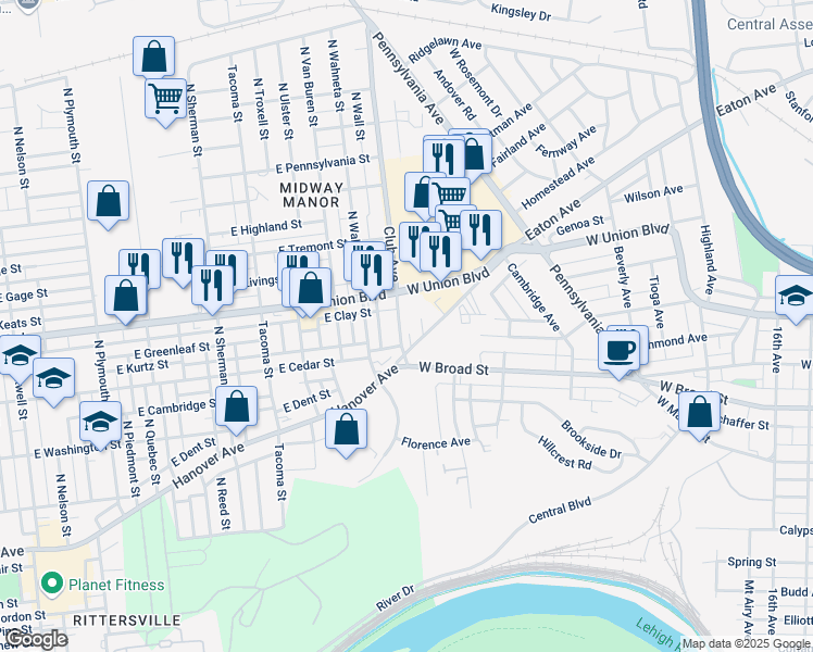 map of restaurants, bars, coffee shops, grocery stores, and more near 2258 Eaton Avenue in Bethlehem
