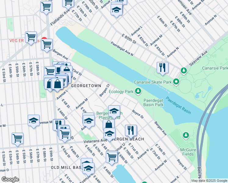map of restaurants, bars, coffee shops, grocery stores, and more near 7274 Royce Place in Brooklyn