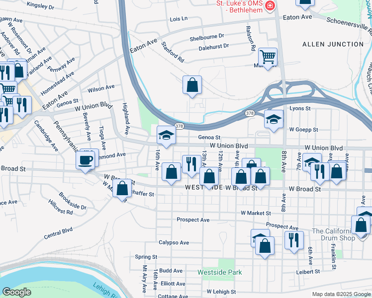 map of restaurants, bars, coffee shops, grocery stores, and more near 1501 West Union Boulevard in Bethlehem