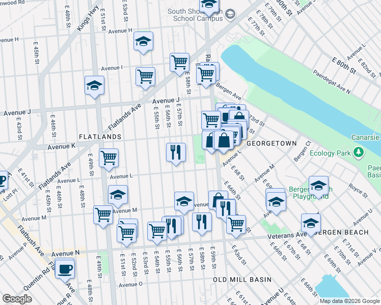 map of restaurants, bars, coffee shops, grocery stores, and more near 1236 East 58th Street in Brooklyn
