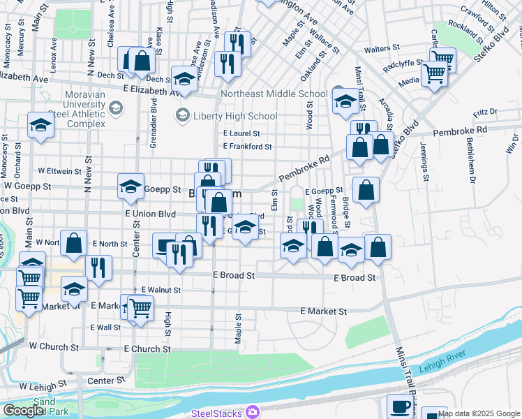 map of restaurants, bars, coffee shops, grocery stores, and more near 427 East Union Boulevard in Bethlehem