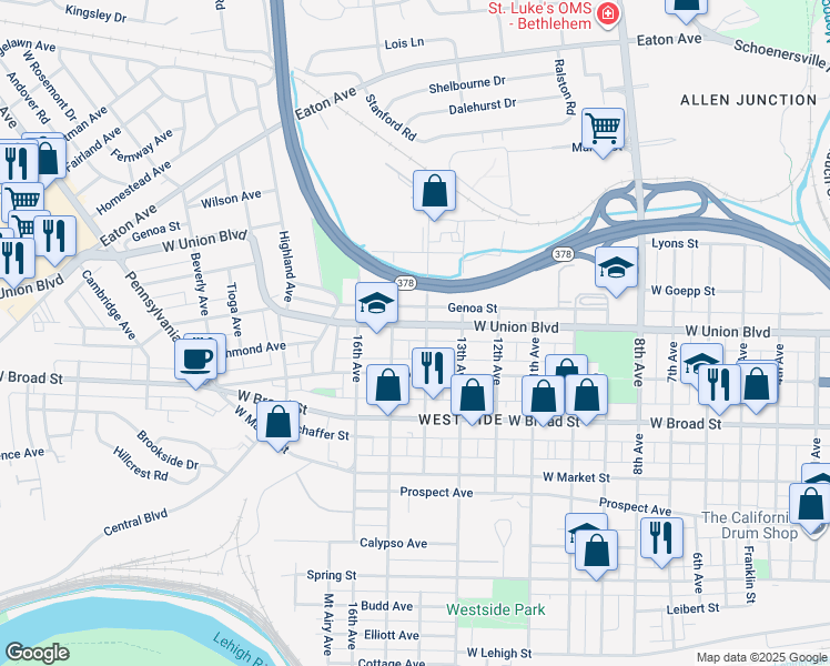map of restaurants, bars, coffee shops, grocery stores, and more near 1509 West Union Boulevard in Bethlehem
