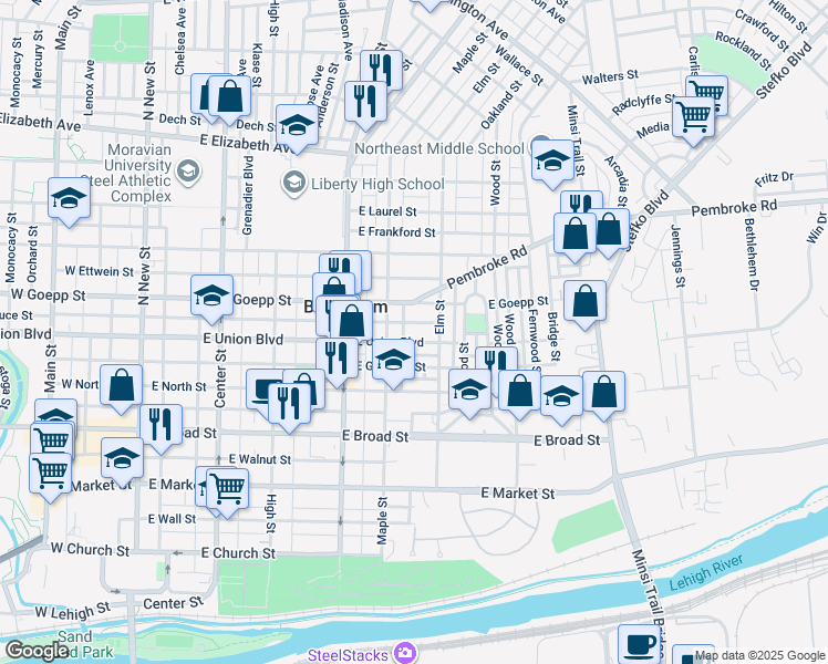 map of restaurants, bars, coffee shops, grocery stores, and more near 423 East Union Boulevard in Bethlehem