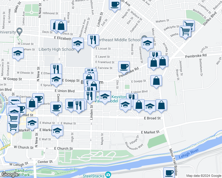 map of restaurants, bars, coffee shops, grocery stores, and more near 425 East Union Boulevard in Bethlehem