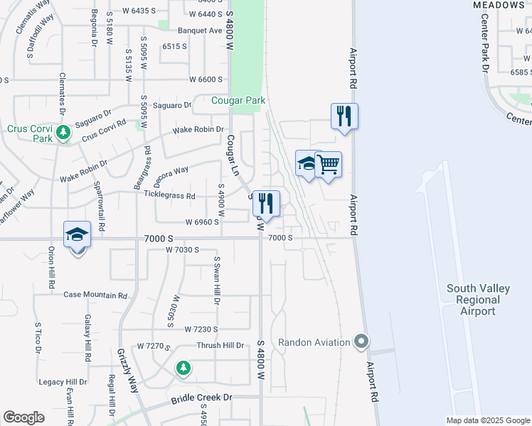 map of restaurants, bars, coffee shops, grocery stores, and more near 6932 South Etruscan Court in West Jordan