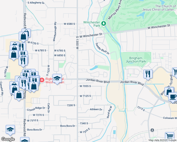 map of restaurants, bars, coffee shops, grocery stores, and more near 6937 South Hollow View Way in West Jordan