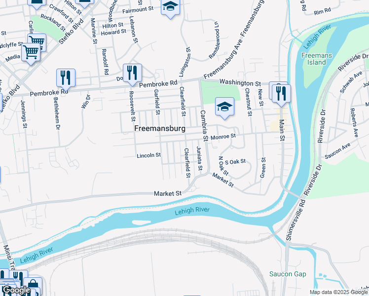 map of restaurants, bars, coffee shops, grocery stores, and more near 208 Clearfield Street in Freemansburg