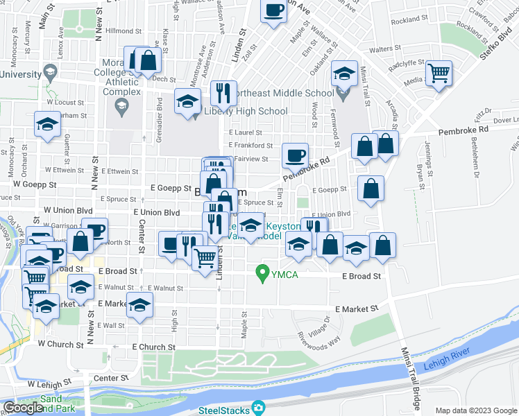 map of restaurants, bars, coffee shops, grocery stores, and more near 417 East Union Boulevard in Bethlehem