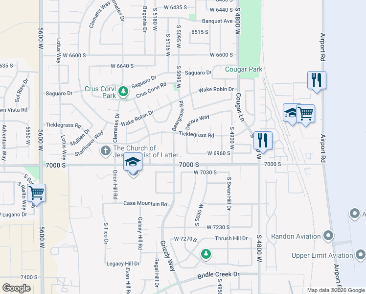 map of restaurants, bars, coffee shops, grocery stores, and more near 6967 Beargrass Road in West Jordan