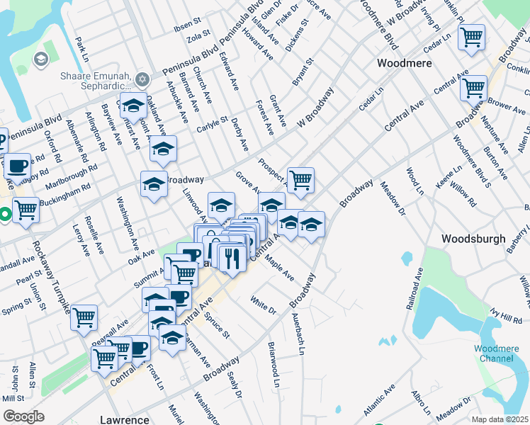 map of restaurants, bars, coffee shops, grocery stores, and more near 124 Locust Avenue in Cedarhurst