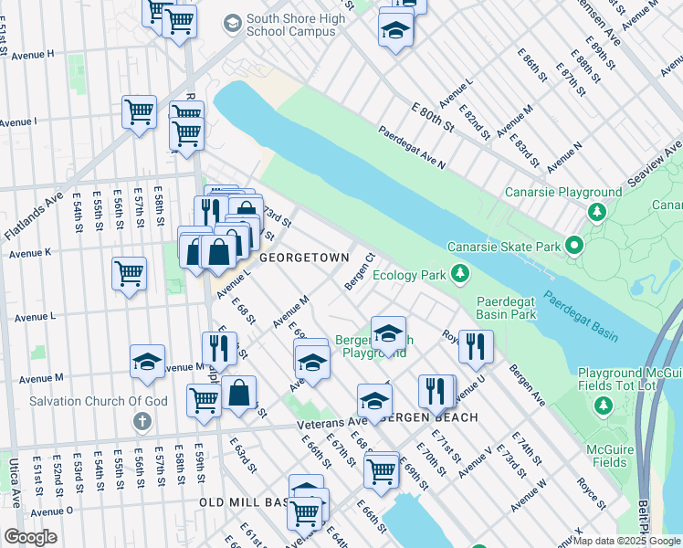 map of restaurants, bars, coffee shops, grocery stores, and more near 7206 Bergen Court in Brooklyn