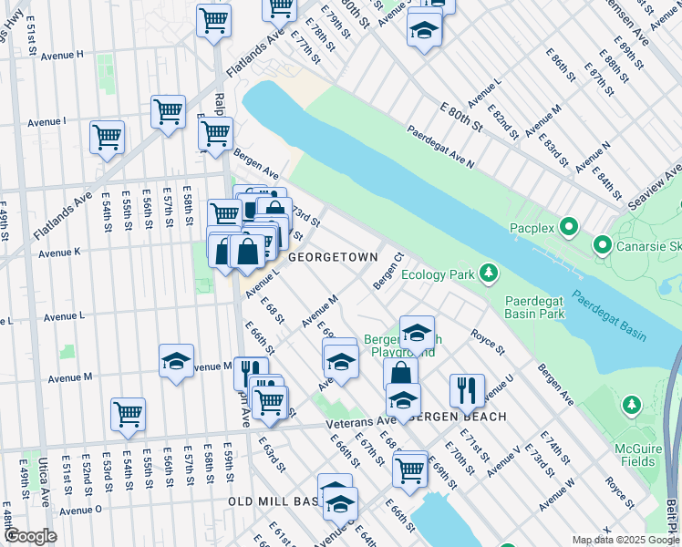 map of restaurants, bars, coffee shops, grocery stores, and more near 7020 Avenue M in Brooklyn