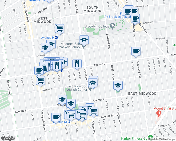 map of restaurants, bars, coffee shops, grocery stores, and more near 1535 Ocean Avenue in Brooklyn