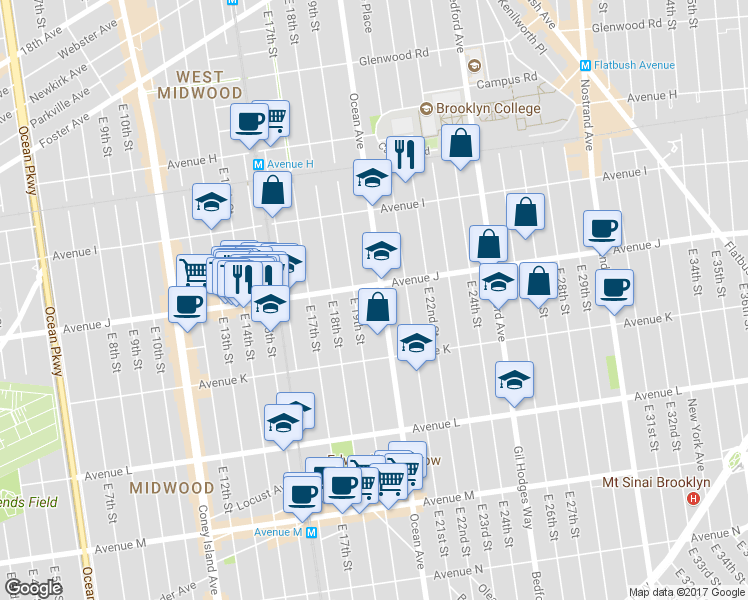 map of restaurants, bars, coffee shops, grocery stores, and more near 1535 Ocean Avenue in Brooklyn