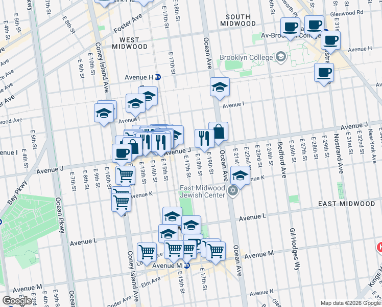 map of restaurants, bars, coffee shops, grocery stores, and more near 1067 East 17th Street in Brooklyn