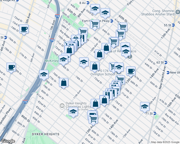 map of restaurants, bars, coffee shops, grocery stores, and more near 7201 11th Avenue in Brooklyn