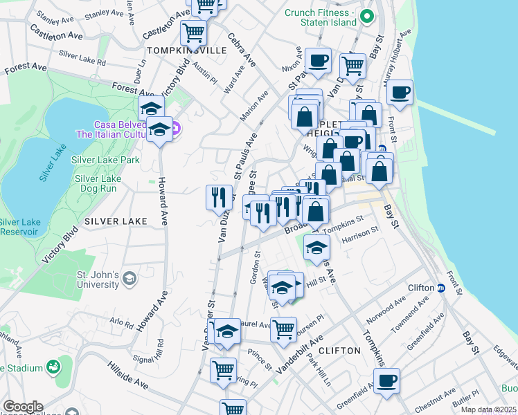 map of restaurants, bars, coffee shops, grocery stores, and more near 101 Targee Street in Staten Island