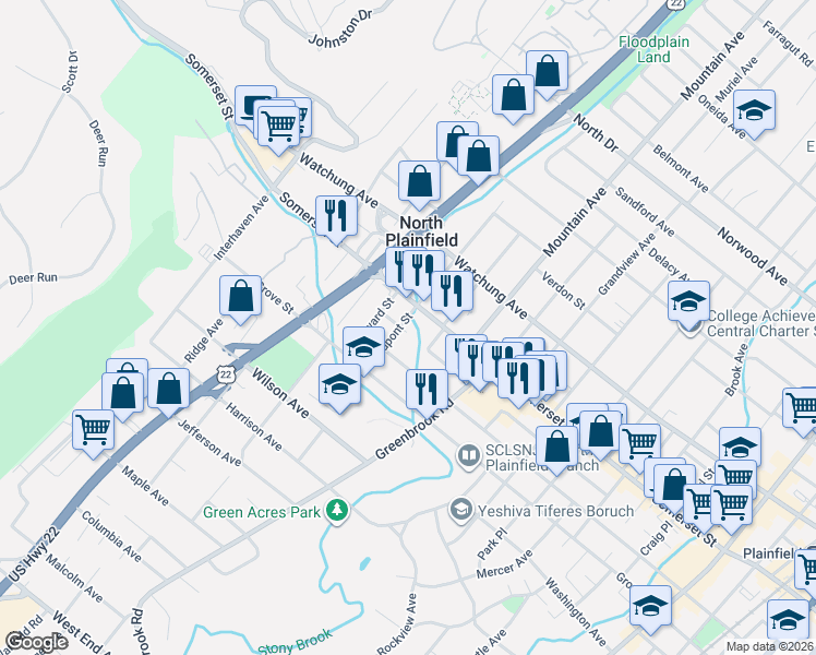map of restaurants, bars, coffee shops, grocery stores, and more near 6 Union Street in North Plainfield