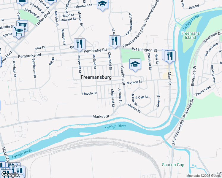 map of restaurants, bars, coffee shops, grocery stores, and more near 208 Clearfield Street in Freemansburg