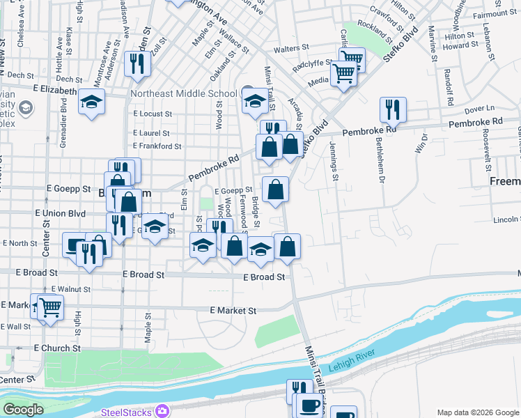 map of restaurants, bars, coffee shops, grocery stores, and more near 811 Stefko Boulevard in Bethlehem