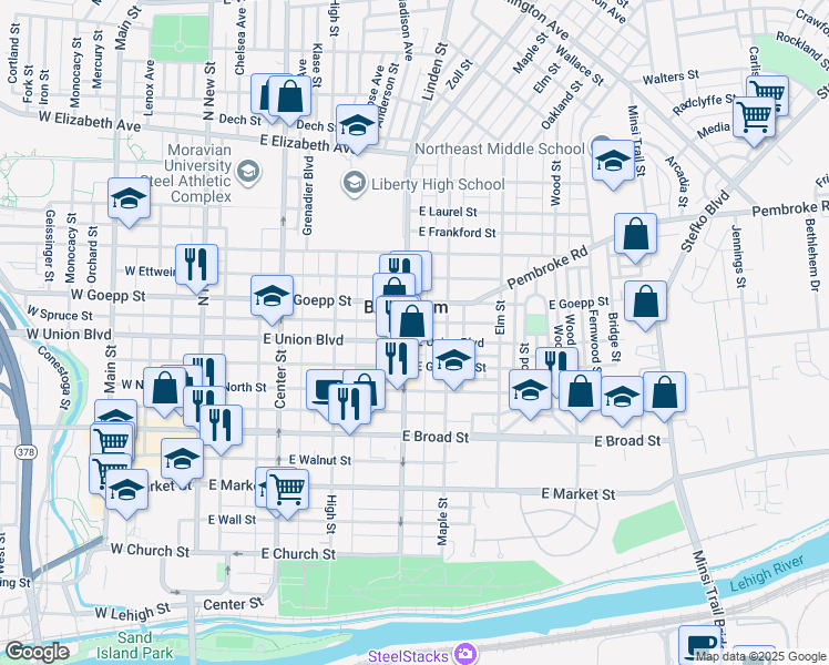 map of restaurants, bars, coffee shops, grocery stores, and more near 739 Linden Street in Bethlehem