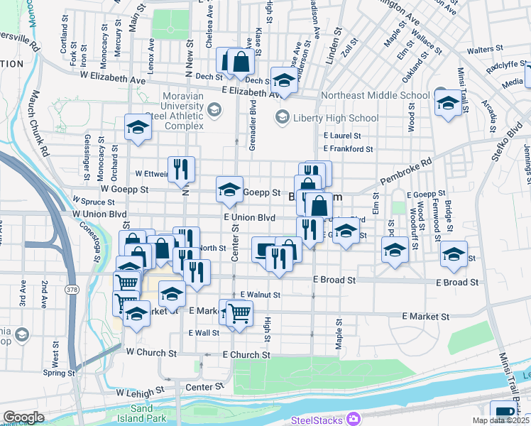 map of restaurants, bars, coffee shops, grocery stores, and more near 733 High Street in Bethlehem